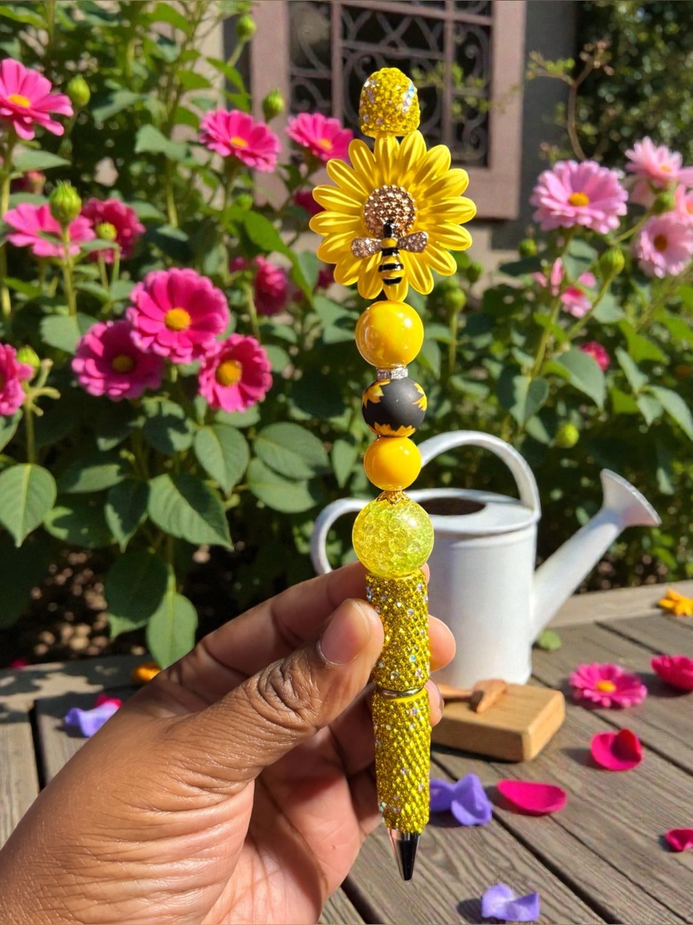 Handcrafted Sunny Sunflower Rhinestone Bee Beaded Pen - Yellow